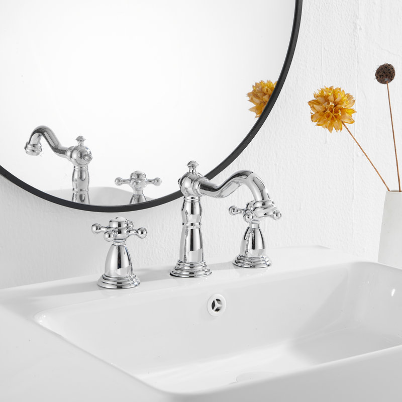 Robinet de lavabo de salle de bain à large entraxe avec bonde, Chrome poli