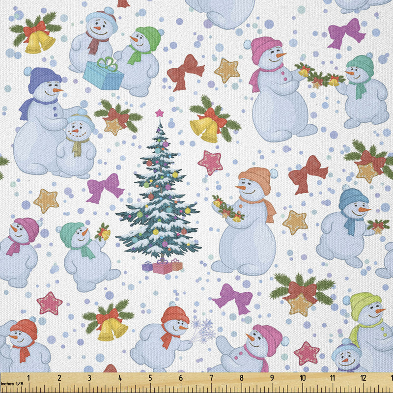 Natalee Snowman Pine Trees and Snowflakes Ribbons Multi-Purpose Fabric