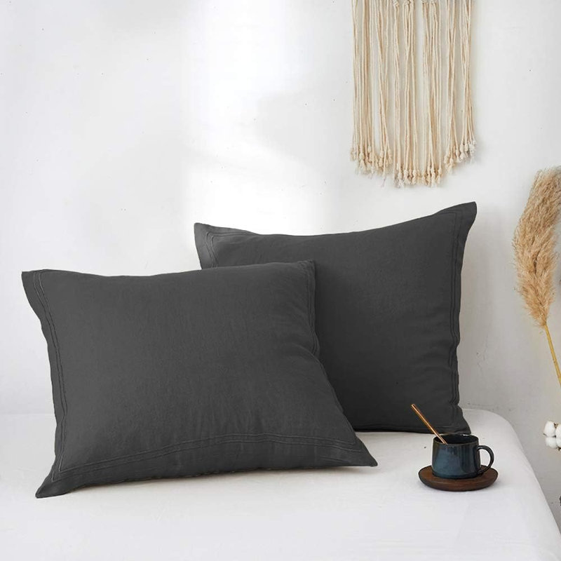Taies décoratives 100% lin français avec broderie (26 po x 26 po) - paquet de 2 - lin naturel délavé doux et respirant