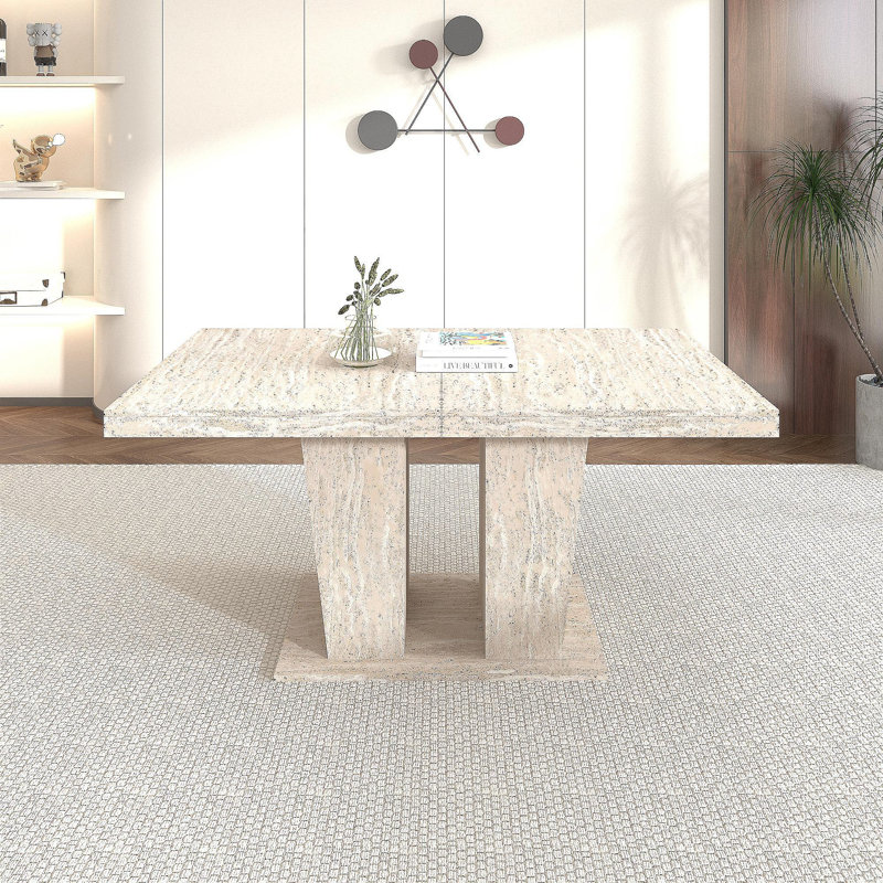 Table de salle à manger rectangulaire extensible, convenant pour 6 à 10 personnes, avec motif de travertin veiné, dimensions 160 à 200 cm, simple et élégante.