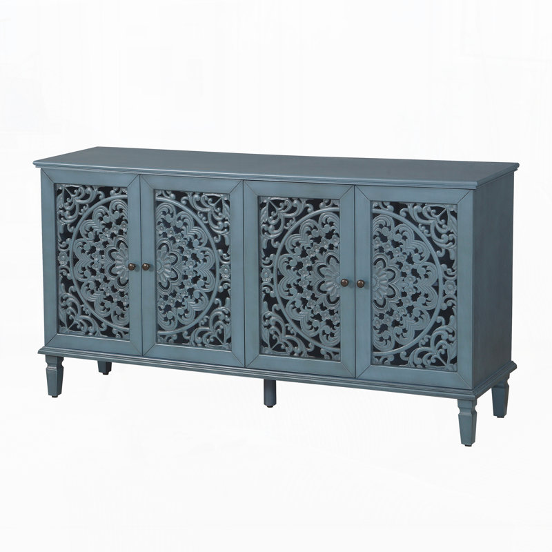 Traditional 60"W Carved Sideboard with Door and Solid Wood Legs, Antique Blue