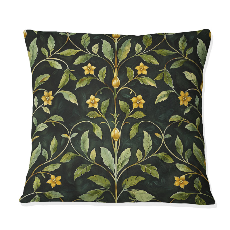 Vert, jaune, floral, vignes II - coussin décoratif moderne, H 18 po x l 18 po
