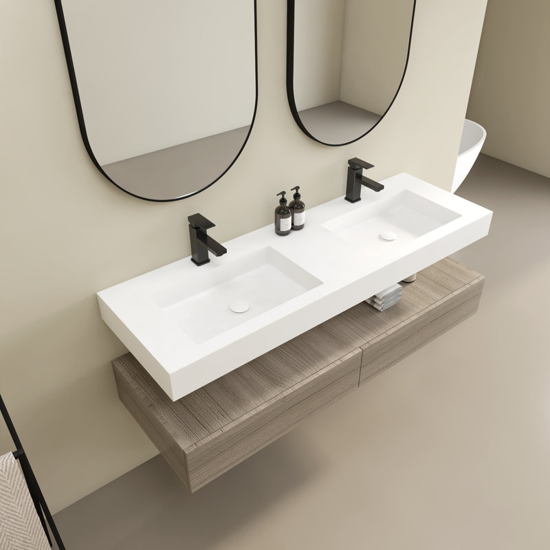 59" Wall Mounted Double Basin Sink Solid Surface Rectangular Bathroom Sink With Faucet Hole