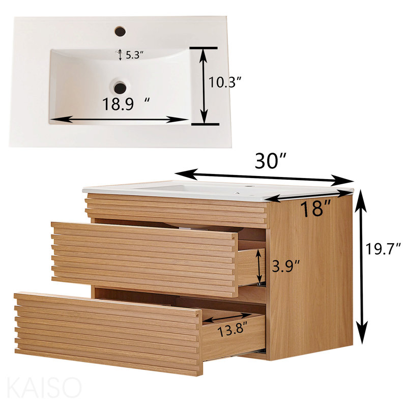 Meuble-lavabo mural simple 30 po avec lavabo en céramique, 30"