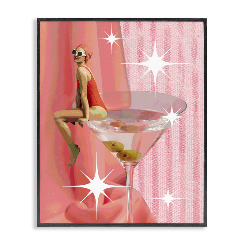  «Vintage Swimmer on Drink», estampe numérique par Daphne Polselli, H 20 po x l 16 po, Giclée encadrée noir minuit