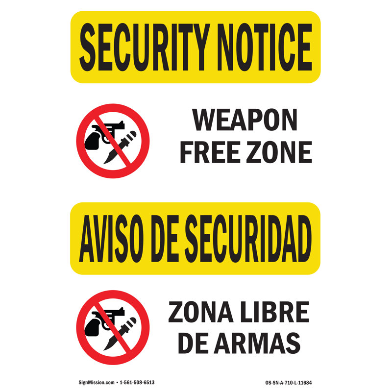 Panneau de sécurité Osha - zone sans armes, H 18 po x l 12 po x P 0,1 po