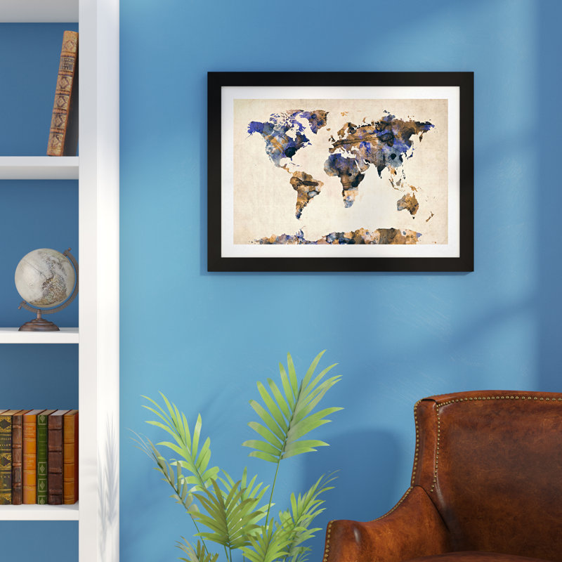 « urban aquarelle world map v », impression, Papier encadré noir, H 16 po x l 24 po x P 1 po
