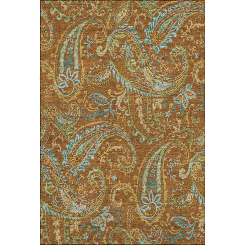 3' X 5' Rust Blue And Green Paisley Washable Area Rug With UV Protection