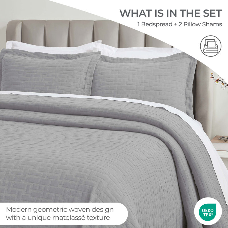Jax Madrid Cotton Medium Weight Geometric Matelasse Bedspread And Sham Set, Full Bedspread + 2 Standard Shams, Gray