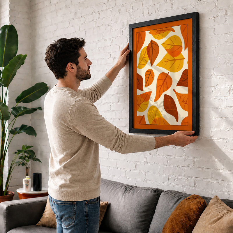 Autumn Leaves Pattern Botanical - Framed Print, A4 - 29.7 x 21.0 cm, Oak