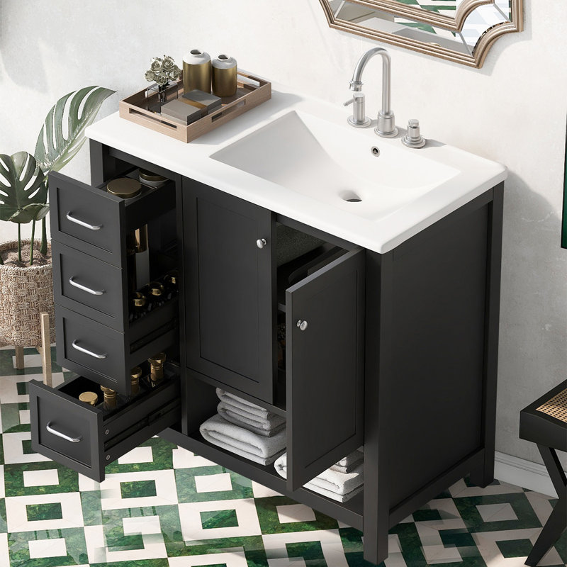 Meuble-lavabo 36 po avec lavabo en céramique, Noir, Argent argent