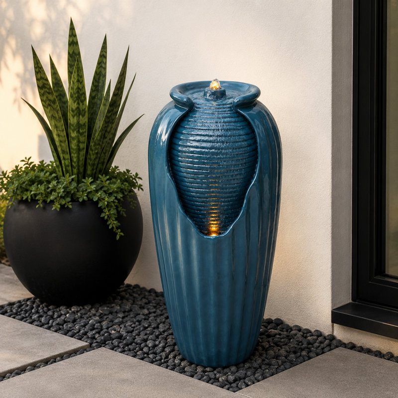 Caetano Home 32" Outdoor LED Contemporary Vase Water Fountain, Blue