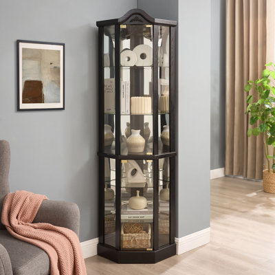 Vitrine lumineuse en verre avec tablettes réglables et décoration en cerisier sculpté, idéale pour mettre en valeur des objets de collection à la maison ou au bureau