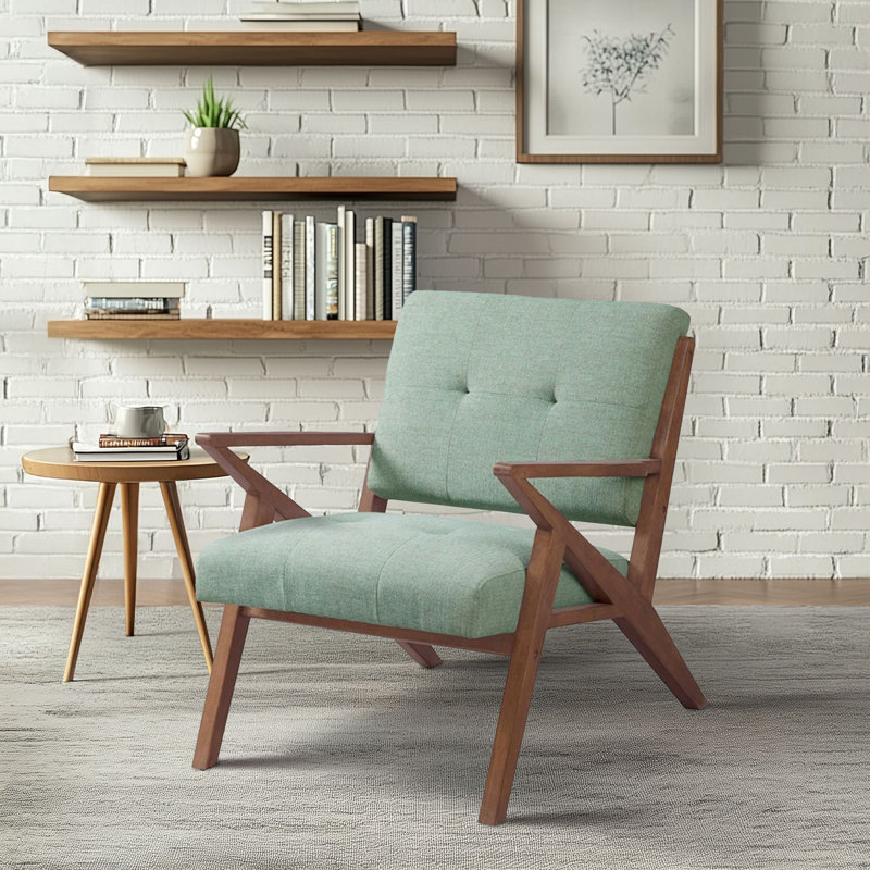 Balom Retro Button Tufted Upholstered Arm Chair with Angled Wood Frame, Seafoam