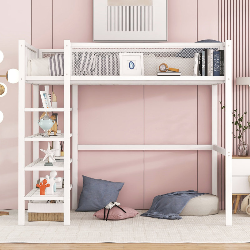 Lit mezzanine blanc avec 4 tablettes et espace de rangement supplémentaire, Lit simple, Blanc
