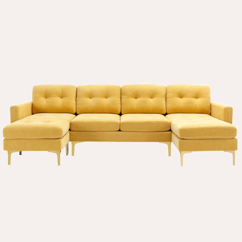 Jiuliana Upholstered Sectional Reversible, Yellow Velvet, Gold