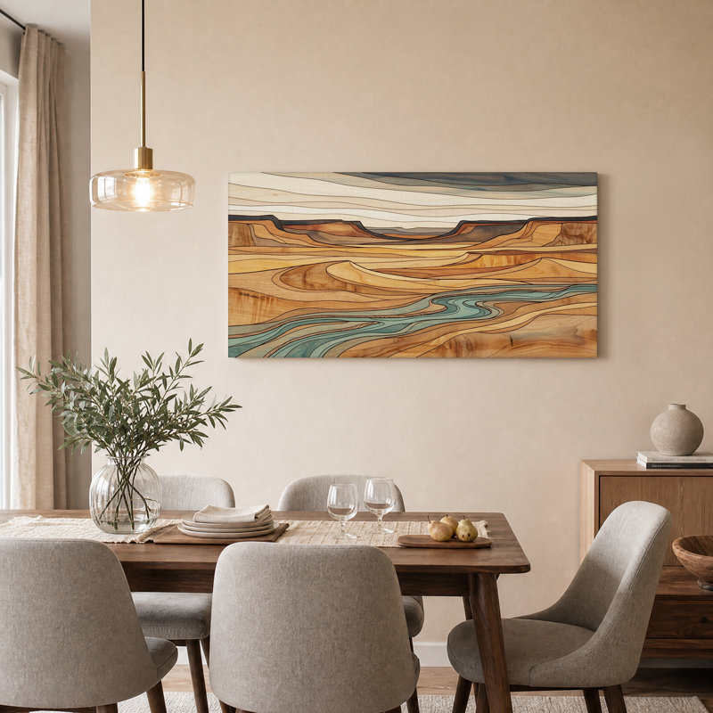 Tableau sur toile représentant un paysage de canyon aux veines de bois brunes avec une rivière turquoise, 46“W x 24”H