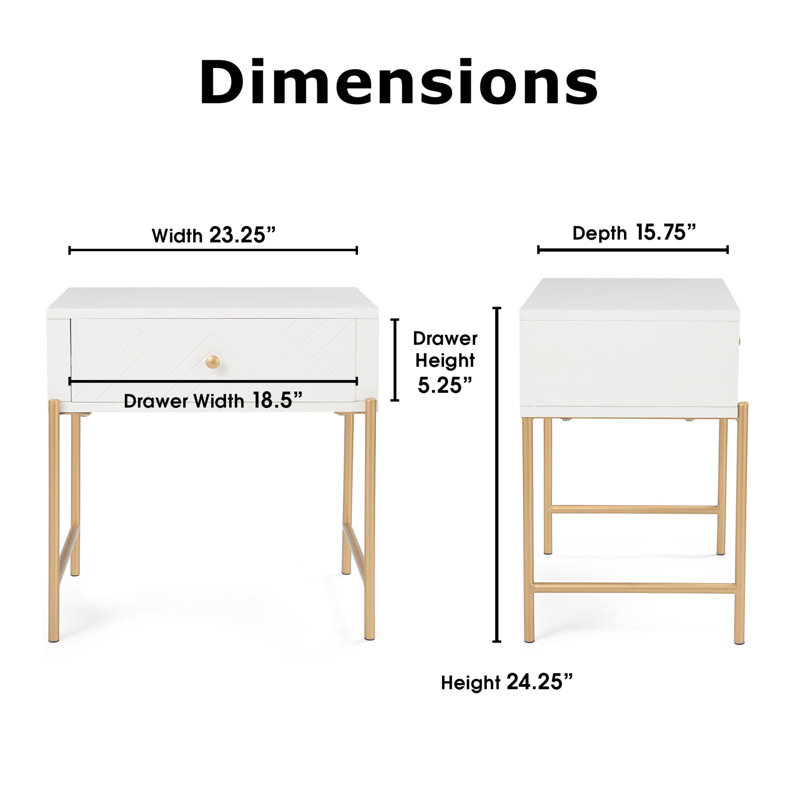 White and Gold Rectangular Wood and Metal Side Table with Drawer