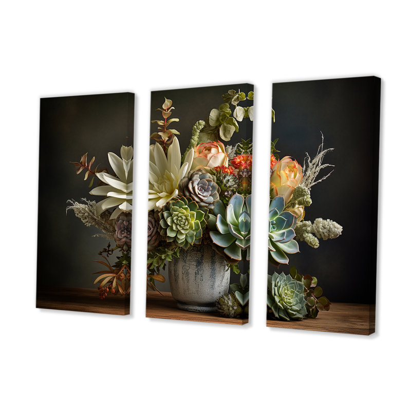 «Succulent Bouquet Still Life I» - ensemble d'art mural succulent, H 32 po x l 48 po x P 1 po