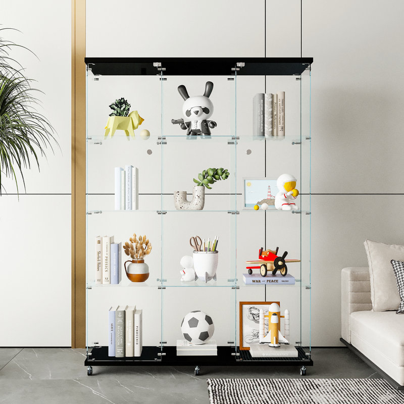 Glass Display Cabinet With 4 Shelves Extra Large, Curio Cabinets For Living Room, Bedroom, Office Floor Standing Glass Bookshelf, Quick Installation