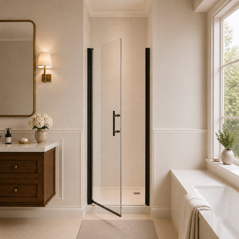 34-35.4" W x 72" H Pivot Shower Door with 1/4" 6mm Tempered Glass, Matte Black, Matte Black