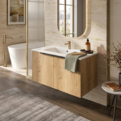 30-Inch Modern Floating Bathroom Storage Cabinet With Sink, 3D Textured Wood Grain Vanity With Soft-Closing Hydraulic Hinges, Golden Oak Finish