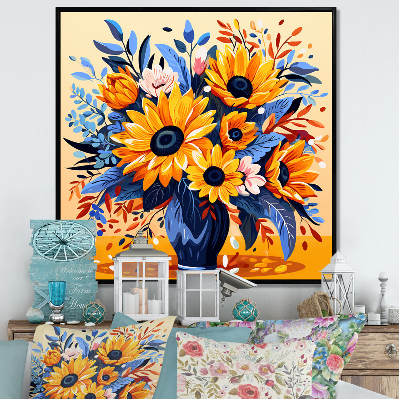 Boho jaune tournesol élégant I - tournesol, art mural, H 30 po x l 30 po x P 1,5 po, Cadre simple blanc