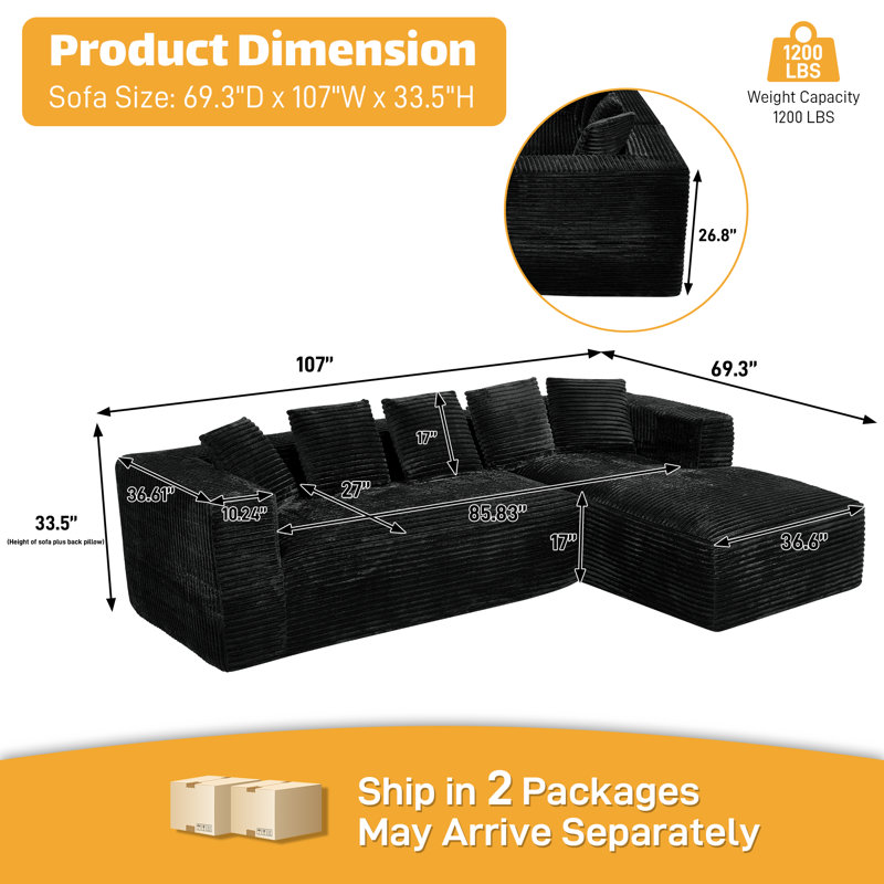 Canapé d'angle surdimensionné sans ossature et à compression de 104 pouces avec coussins, Velours côtelé noir, Forme en L