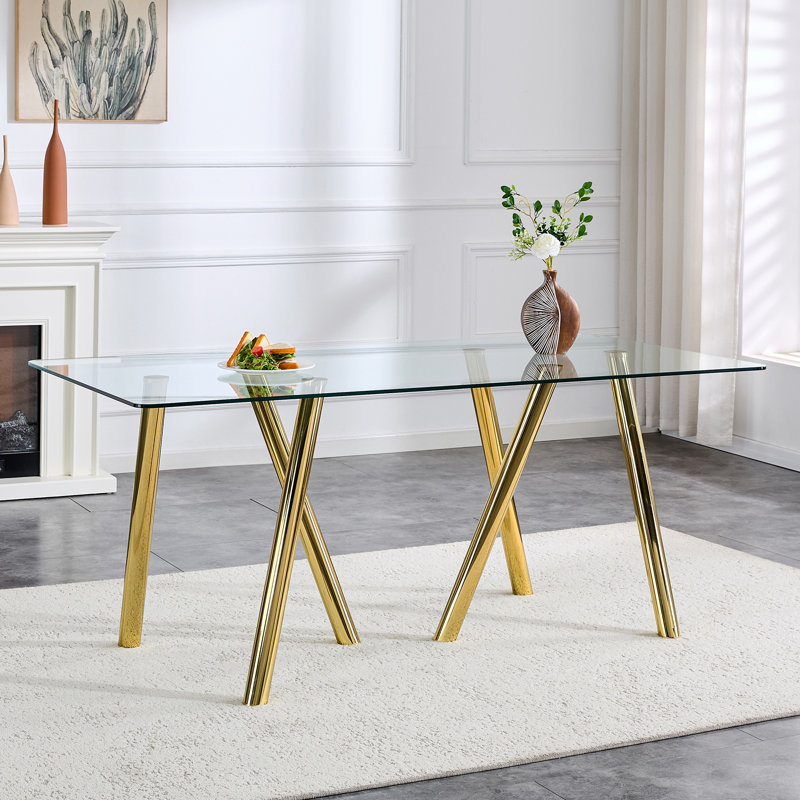 Table de salle à manger en verre trempé de 71 pouces avec pieds robustes en métal, Doré