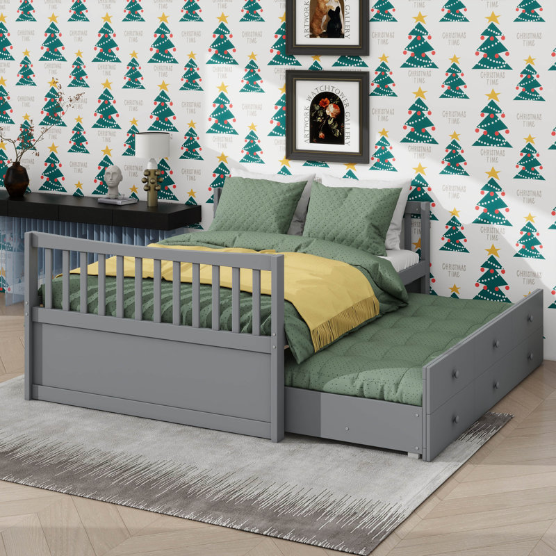 Lit de jour double en bois pleine grandeur, lit gigogne simple et 3 tiroirs de rangement, Gris