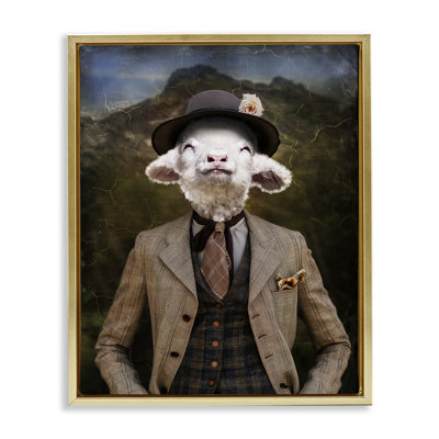 «Happy Classic Lamb», toile encadrée flottante grise par Karen Burke