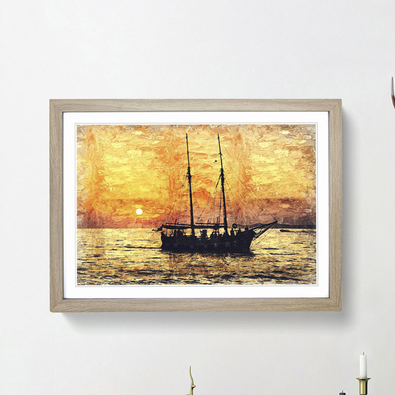 Ship at Sunset in Abstract - Picture Frame Painting Print, Oak, 40cm H x 60cm W x 2cm D