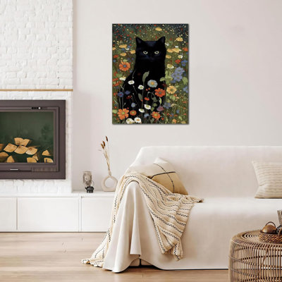 Art mural encadré de chat, photo de chat noir amusant, animal dans le jardin, fleurs, affiche pour salle de bain, salon, galerie, décor, 12 x 16 pouces