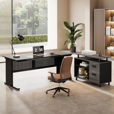 63-Inch Executive Office Desk with File Cabinet, Large Computer Desk Home Office Desk with Drawers and Storage Shelves
