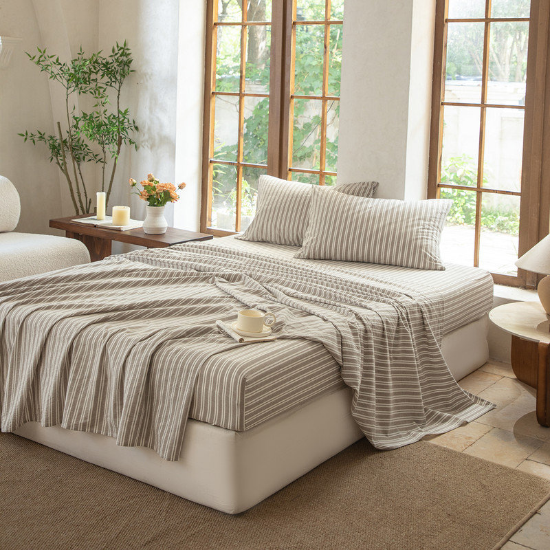 100% Washed Cotton Bedding Sheet Set 4 Pieces,1 Fitted Sheet,1 Flat Sheet and 2 Pillowcases,Comfy Textured Sheet Set