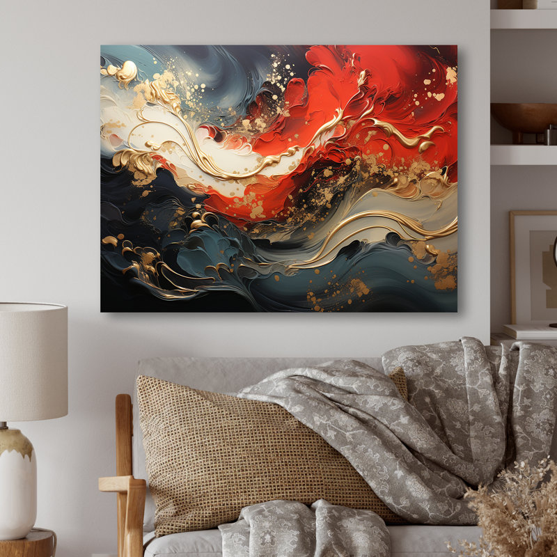 Rouge et or feu de marbre VI - art mural abstrait en métal MT137144, H 24 po x l 32 po x P 1 po