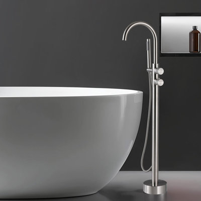 Robinet thermostatique extérieur pour baignoire avec douchette, robinet de baignoire sur pied à 2 poignées en acier inoxydable avec bec pivotant
