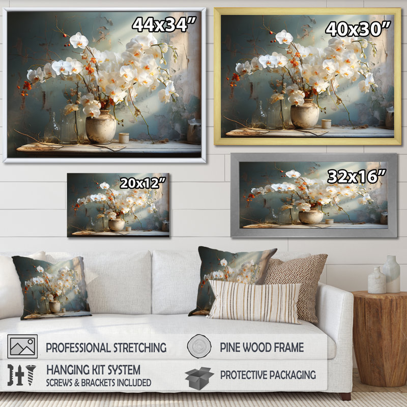 «Beige Minimalims Orchids Still Life» sur toile, H 24 po x l 32 po x P 1 po, Cadre simple noir