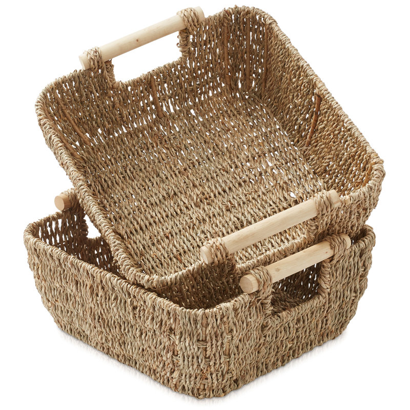 2pk Seagrass Oval Storage Baskets w/ Wooden Handles, Medium Woven Bins, 5.25” H x 8.25” W x 12.75” D