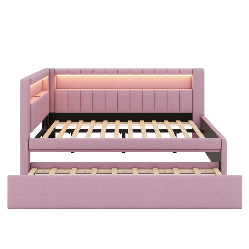 Fully Upholstered Platform Bed With USB Ports, LED Strip, And Trundle, Pink, Full/Double