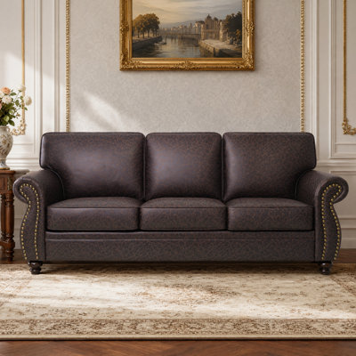 88" Wide Transitional Modern Rolled Arm Sofa Nailhead Trim & Solid Wood Legs Couch 