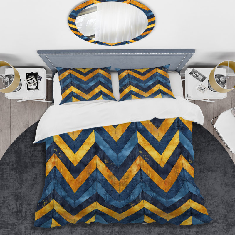 Ensemble de housse de couette moderne à motif de chevrons bleu et or III, Housse de couette pour grand lit et 2 taies décor