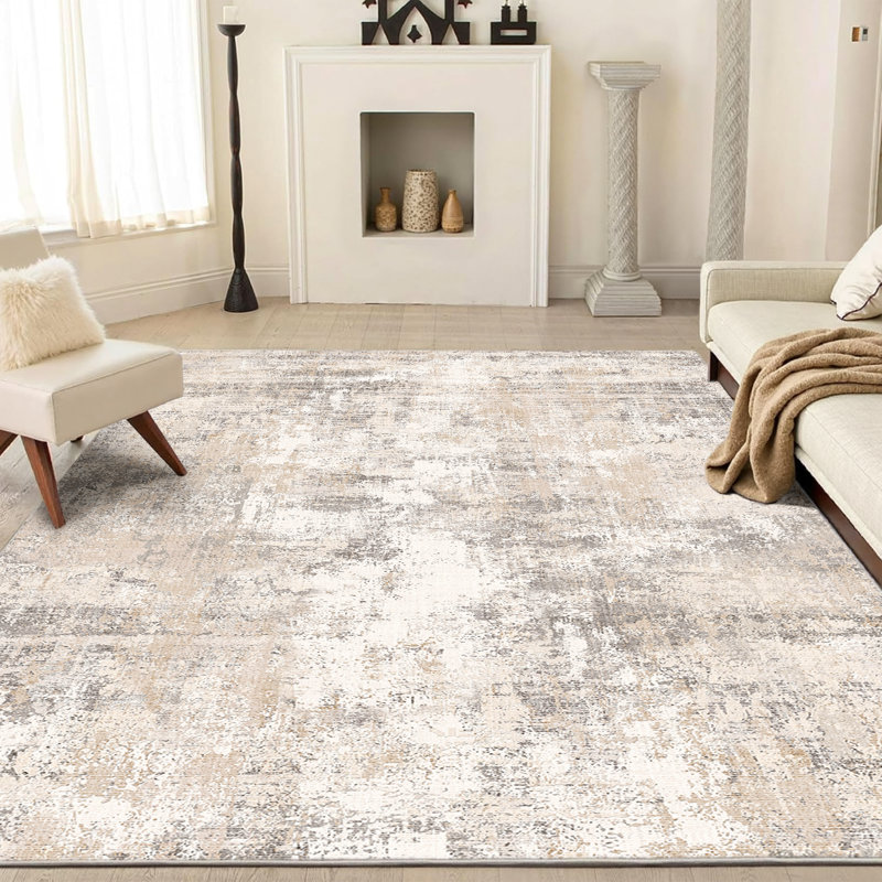 Tapis abstrait lavable à la machine avec envers en caoutchouc antidérapant Elroy, Rectangulaire 8 pi x 10 pi, Beige gris