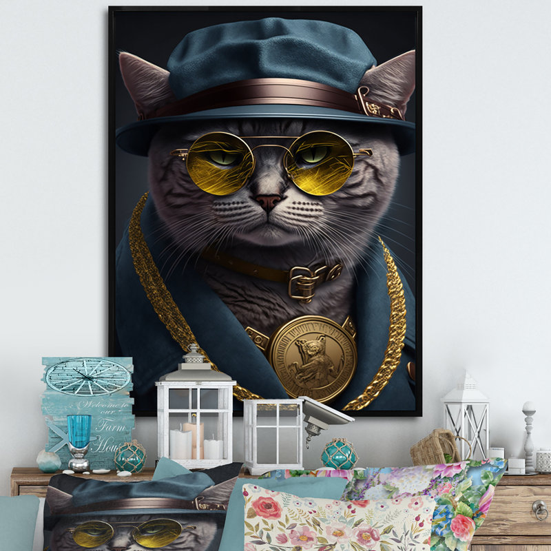 «Mafia Cat I», reproduction sur toile, Cadre noir, L 12 po x H 20 po