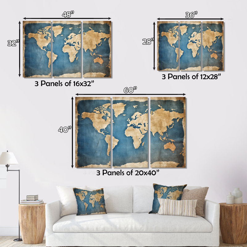 " Ancient Map Of The World III " 3 - Pieces, 28" H x 36" W x 1" D