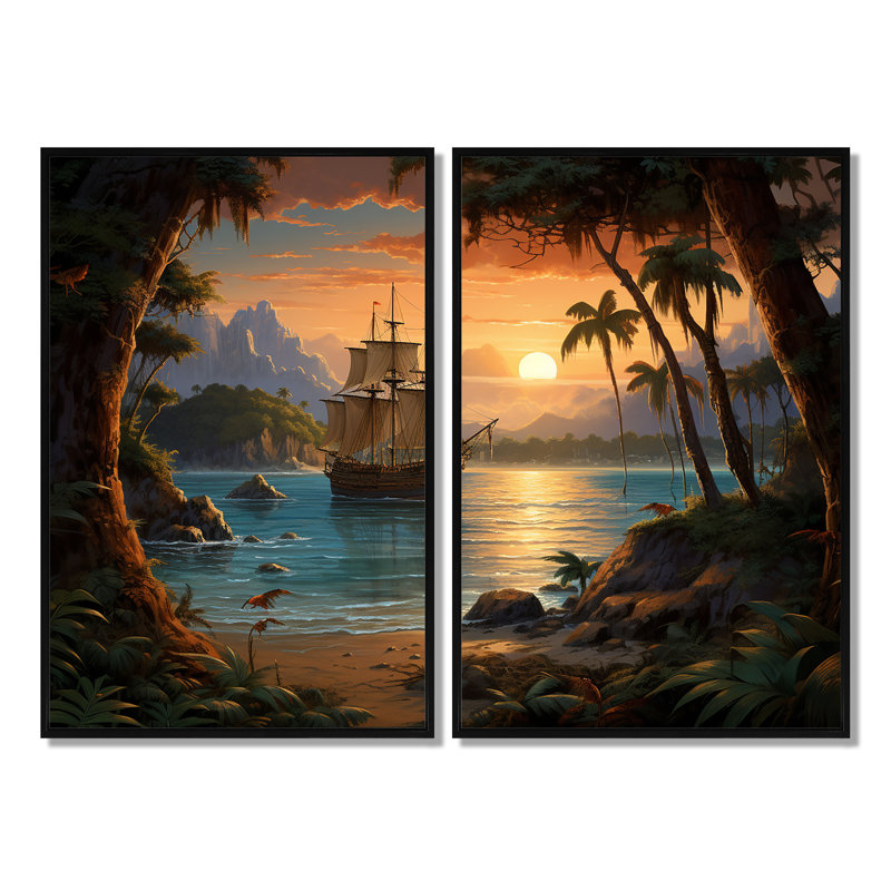 Bateau pirate, îles perdues - grand art mural pirate, 36" H x 48" W, Framed Print without Mat, Black