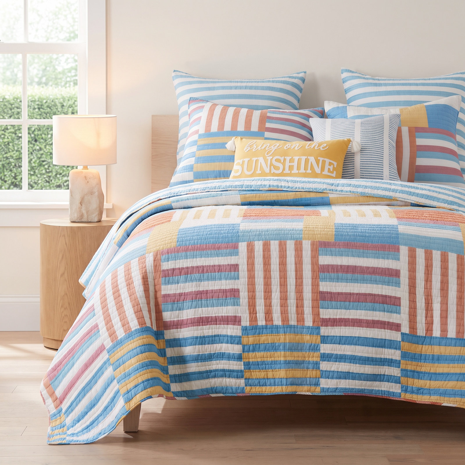 Sol Stripe Cotton Quilt Set, Full / Double Quilt + 2 Standard Shams
