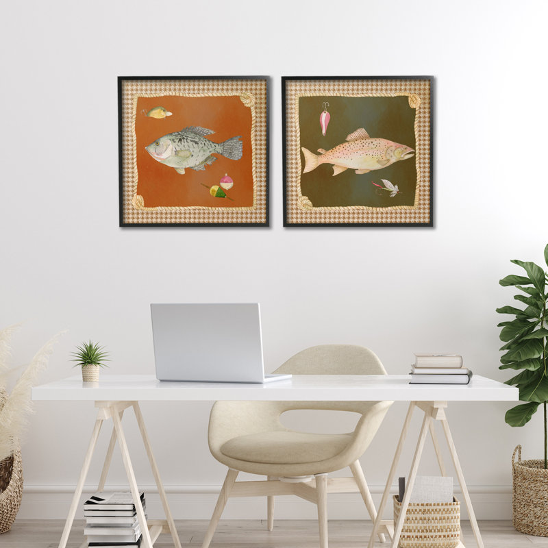 Ensemble de 2 giclées encadrées Fish & Lures over Houndstooth, par Lee Ann Sanders, H 17 po x l 34 po