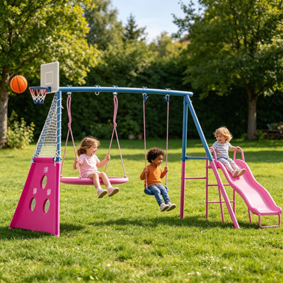 Ensemble de balançoire en métal 5-en-1 pour cour arrière, aire de jeu extérieure pour enfants avec glissade, soucoupe et balançoires à ceinture simple, panier de basketball + but de soccer, cadre en A robuste pour les enfants de 3 à 10 ans
