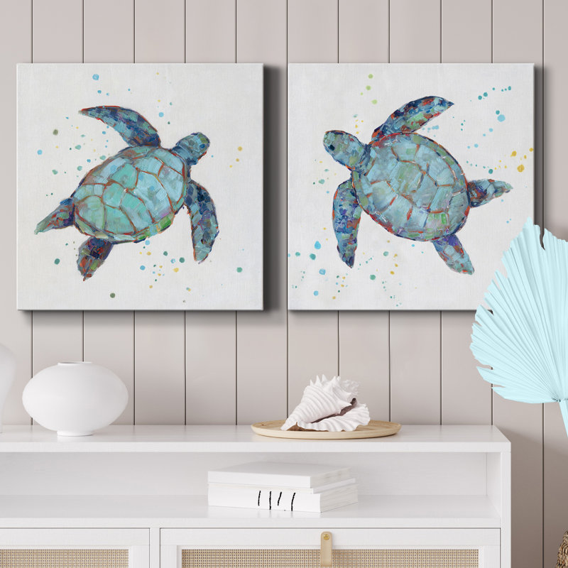 Bulle bleue tortue I - ensemble de 2 reproductions d'art, H 32 po x l 64 po x P 1 po, Toile tendue